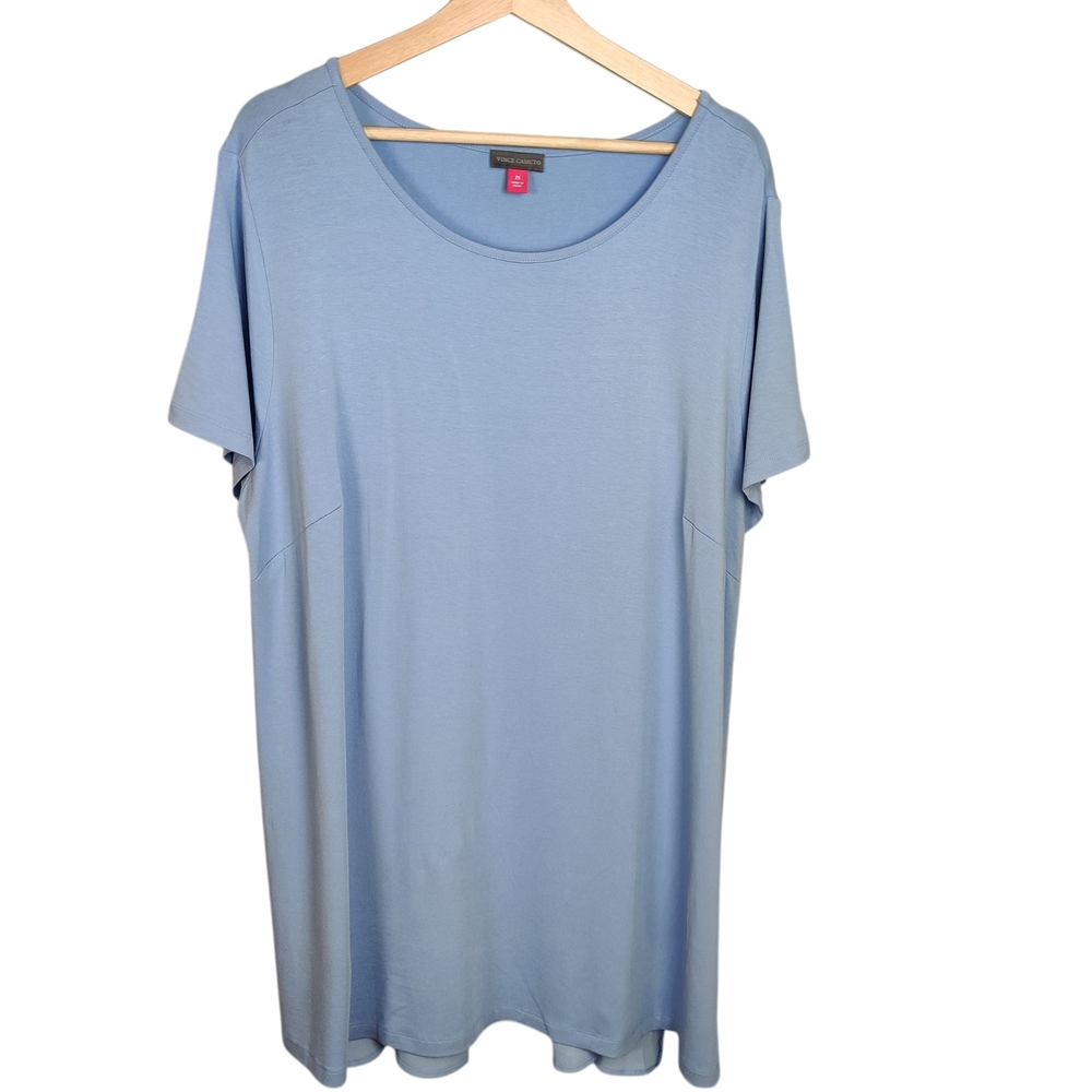 Vince Camuto Tunic Top 2X Blue Short Sleeve Swing Knit Blouse Pleated Back NWT
